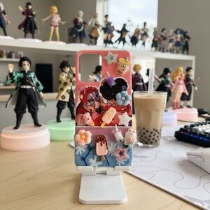 Cute Pink & Blue handmade paint Phone Case with 3D Charms Demon slayer